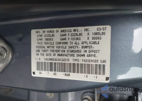 2007 Honda Accord 2.4 Se z USA, uszkodzony, nr VIN 1HGCM56347A124570